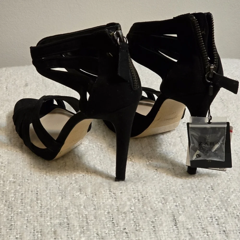 Zara black suede high heeled sandals size 37 - Picture 4 of 10